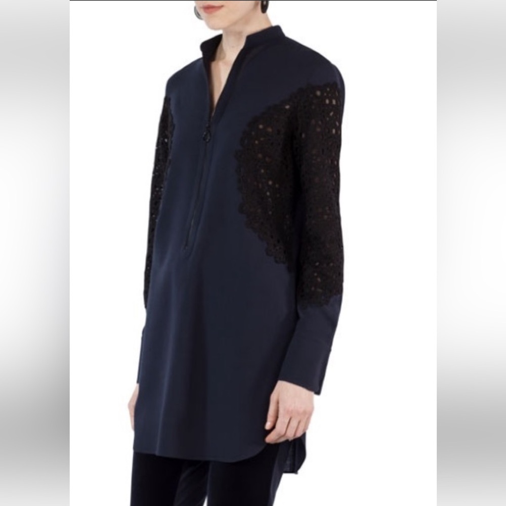 $795 Akris punto Half-Zip Lace-Trim Tunic Blouse Size 8 US/12UK Navy Black EUC